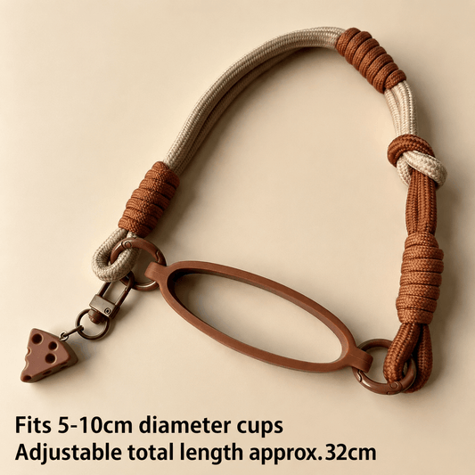 Brown and beige braided keychain with adjustable length on a beige background