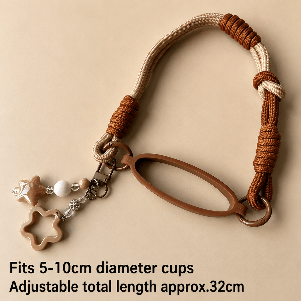 Brown and beige braided keychain with cup holder on a beige background