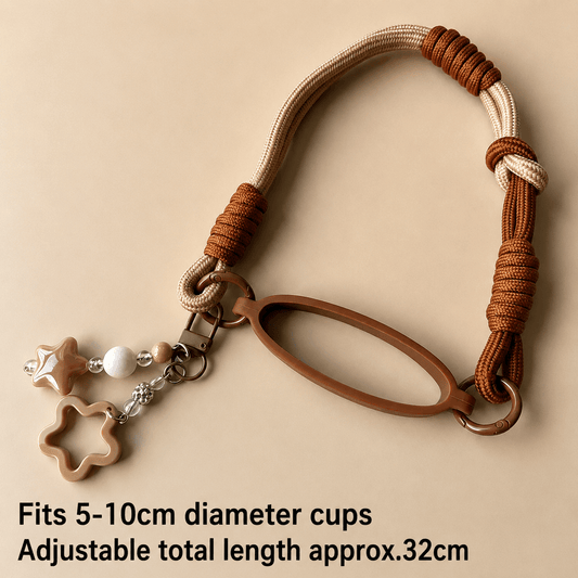 Brown and beige braided keychain with cup holder on a beige background