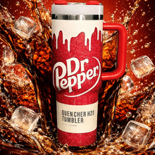 Dr Pepper tumbler with cola and ice cubes on a red background