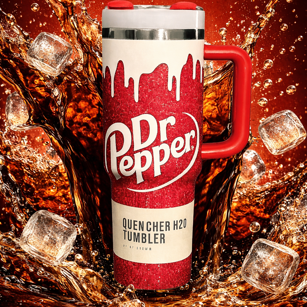 Dr Pepper tumbler with cola and ice cubes on a red background