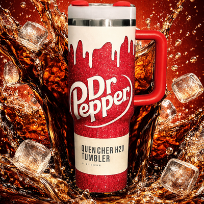 Dr Pepper tumbler with cola and ice cubes on a red background
