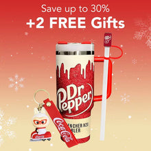 Dr Pepper tumbler with keychain and straw on a festive background with promotional text.