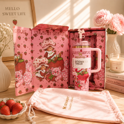Pink strawberry-themed mug with packaging and decorative elements on a wooden surface.