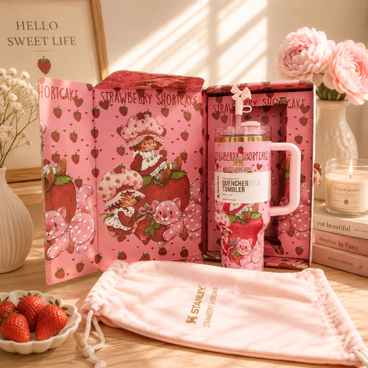 Pink strawberry-themed mug with packaging and decorative elements on a wooden surface.