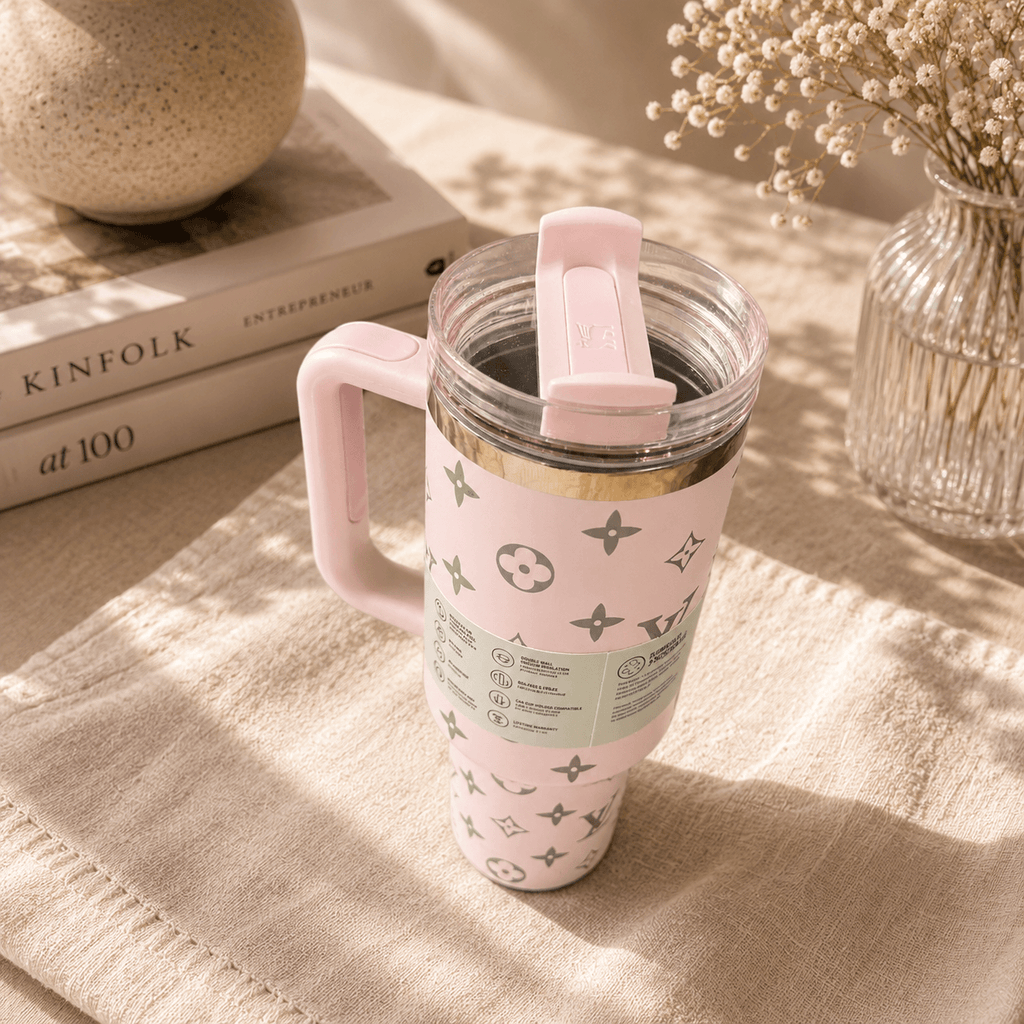 Pink travel mug with a pattern on a textured surface with books and a vase in the background