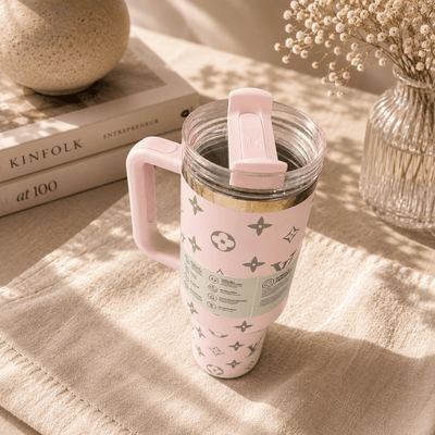Pink travel mug with a pattern on a textured surface with books and a vase in the background