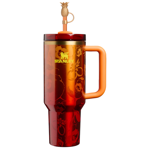 Red Stanley tumbler with a handle and pineapple-shaped spout on a white background