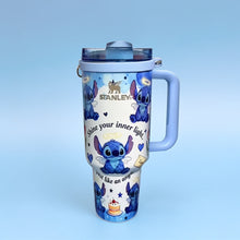STANLEY Angel Blue tumbler featuring cute blue character artwork, angel-inspired details, insulated construction, and ergonomic handle.