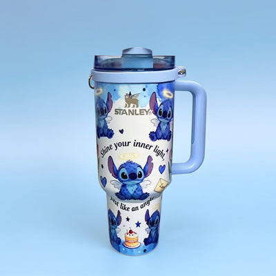 STANLEY Angel Blue tumbler featuring cute blue character artwork, angel-inspired details, insulated construction, and ergonomic handle.