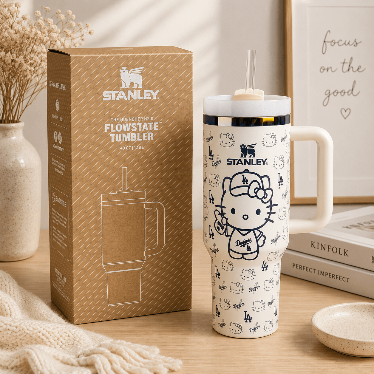 STANLEY Hello Kitty Dodgers Tumbler with sporty character artwork, insulated design, reusable straw, large capacity, and gift-ready packaging.