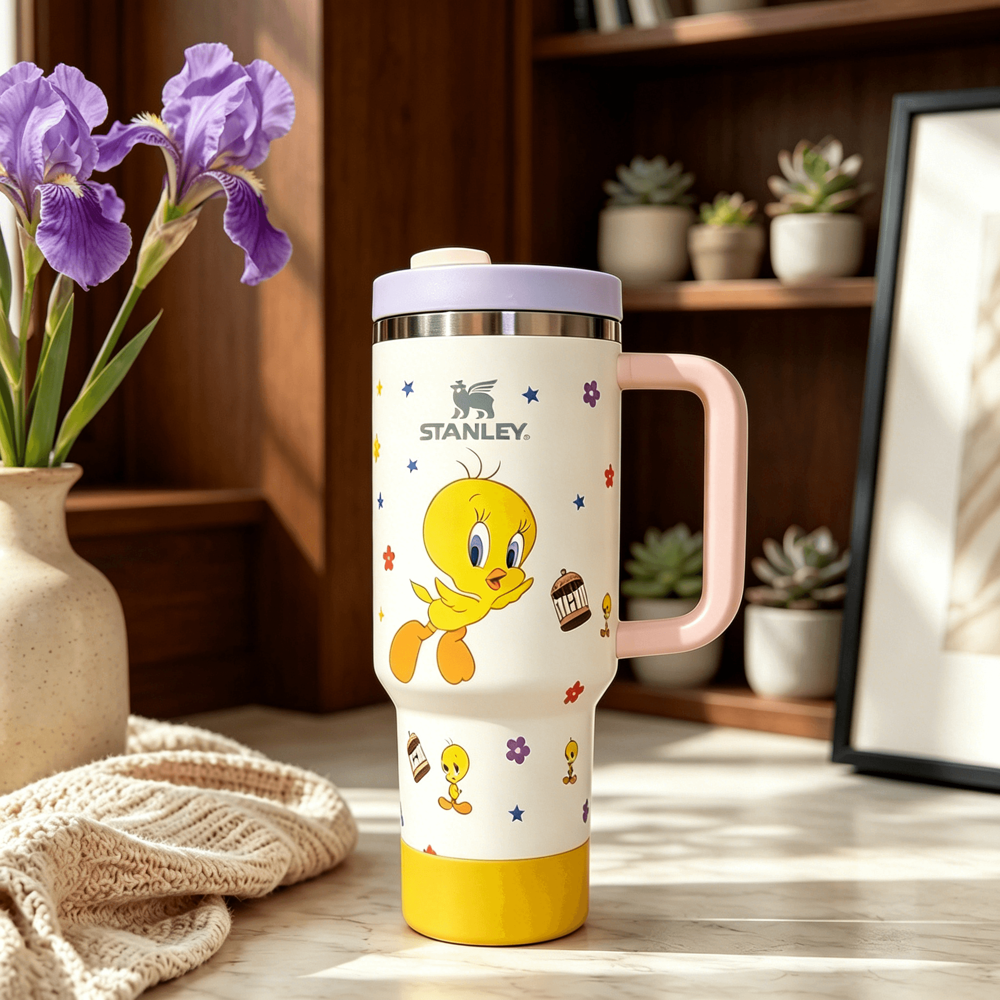 Stanley Tweety Bird Tumbler with yellow character artwork, pastel pink handle, lavender lid, colorful floral accents, and large-capacity insulated design displayed in a cozy home setting.