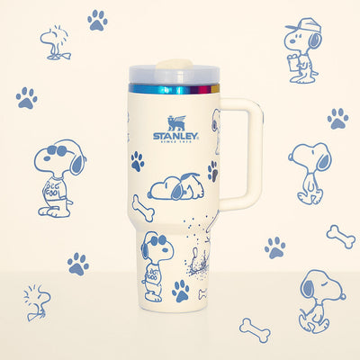 Stanley tumbler with Snoopy illustrations on a patterned background