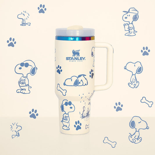 Stanley tumbler with Snoopy illustrations on a patterned background