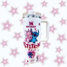 Stanley tumbler with Stitch design on a white background with pink stars