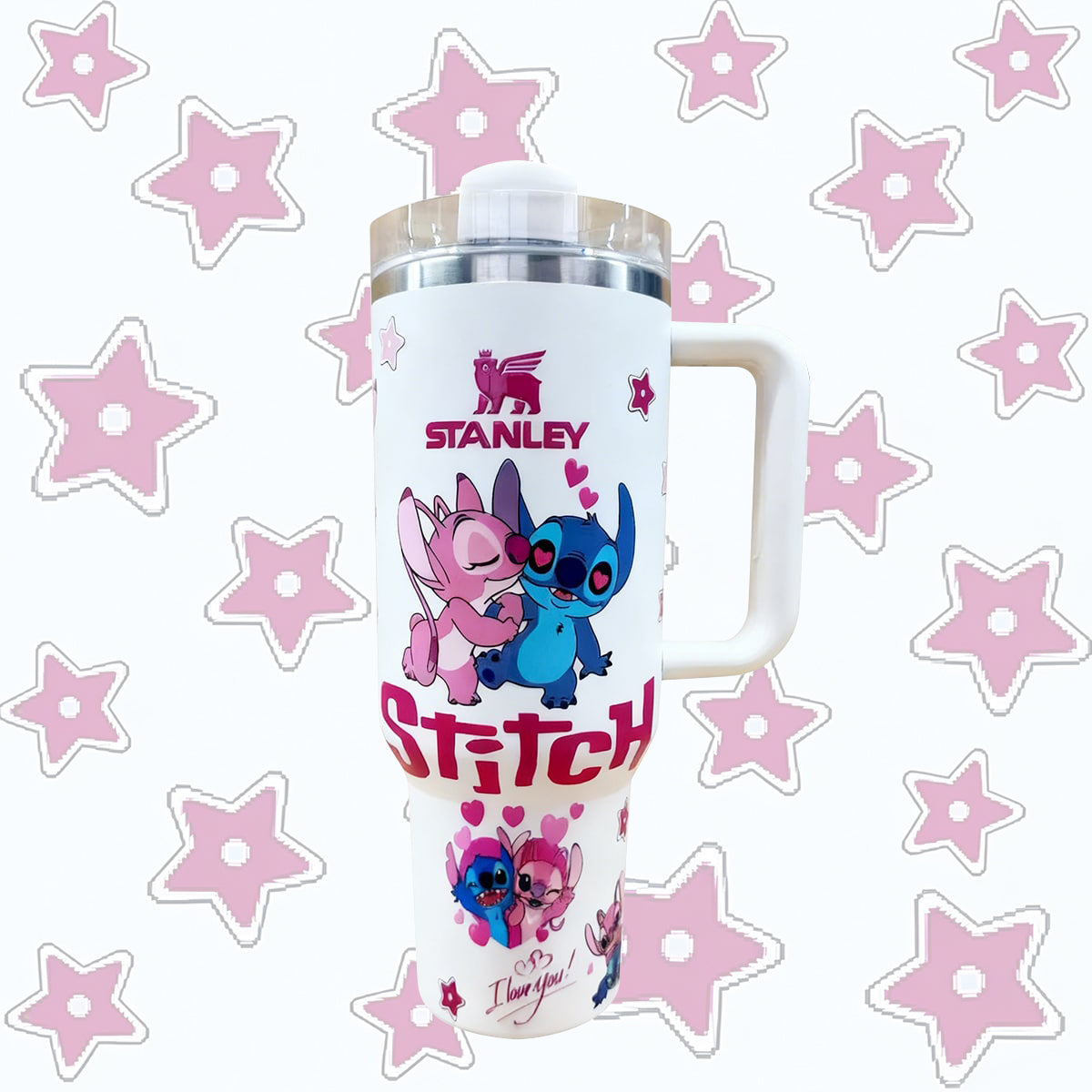 Stanley tumbler with Stitch design on a white background with pink stars