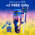 Stanley tumbler with cartoon character, keychain, and straw on a colorful background with promotional text.