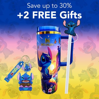 Stanley tumbler with cartoon character, keychain, and straw on a colorful background with promotional text.
